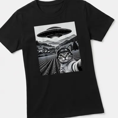 Retro print of a cat taking a selfie with the phrase UFO Cat Selfie — printed on a women's shirt