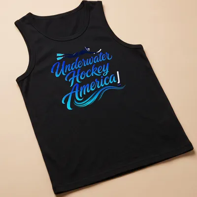 Scuba diver graphic with bold text 'Underwater Hockey America!' in blue and black — printed on a tank top