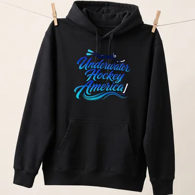 Scuba diver graphic with bold text 'Underwater Hockey America!' in blue and black — printed on a unisex hoodie