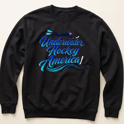 Scuba diver graphic with bold text 'Underwater Hockey America!' in blue and black — printed on a unisex sweatshirt