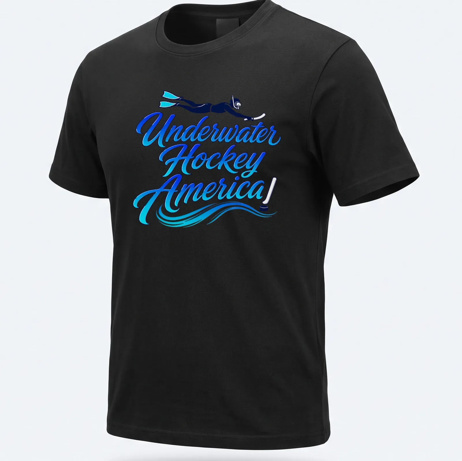 Scuba diver graphic with bold text 'Underwater Hockey America!' in blue and black — printed on a unisex t-shirt