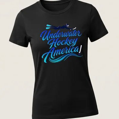 Scuba diver graphic with bold text 'Underwater Hockey America!' in blue and black — printed on a women's shirt