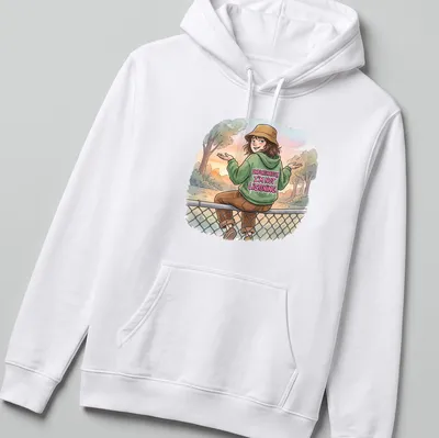 Illustrative t-shirt featuring a person in a hat and hoodie with humorous text about not listening. — printed on a unisex hoodie