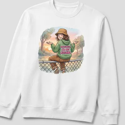 Illustrative t-shirt featuring a person in a hat and hoodie with humorous text about not listening. — printed on a unisex sweatshirt