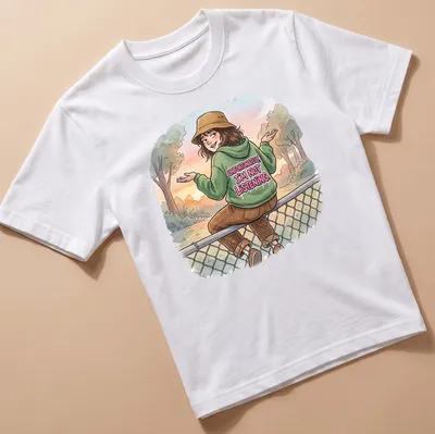 Illustrative t-shirt featuring a person in a hat and hoodie with humorous text about not listening.