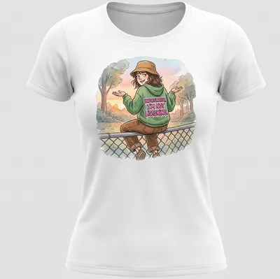 Illustrative t-shirt featuring a person in a hat and hoodie with humorous text about not listening. — printed on a women's shirt