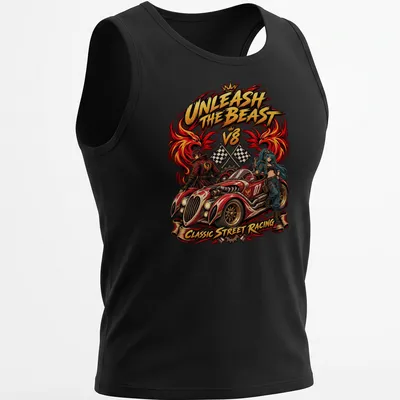Comic-style illustration of a muscle car with bold street racing text — printed on a tank top