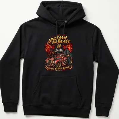 Comic-style illustration of a muscle car with bold street racing text — printed on a unisex hoodie