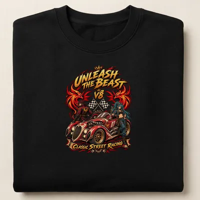 Comic-style illustration of a muscle car with bold street racing text — printed on a unisex sweatshirt