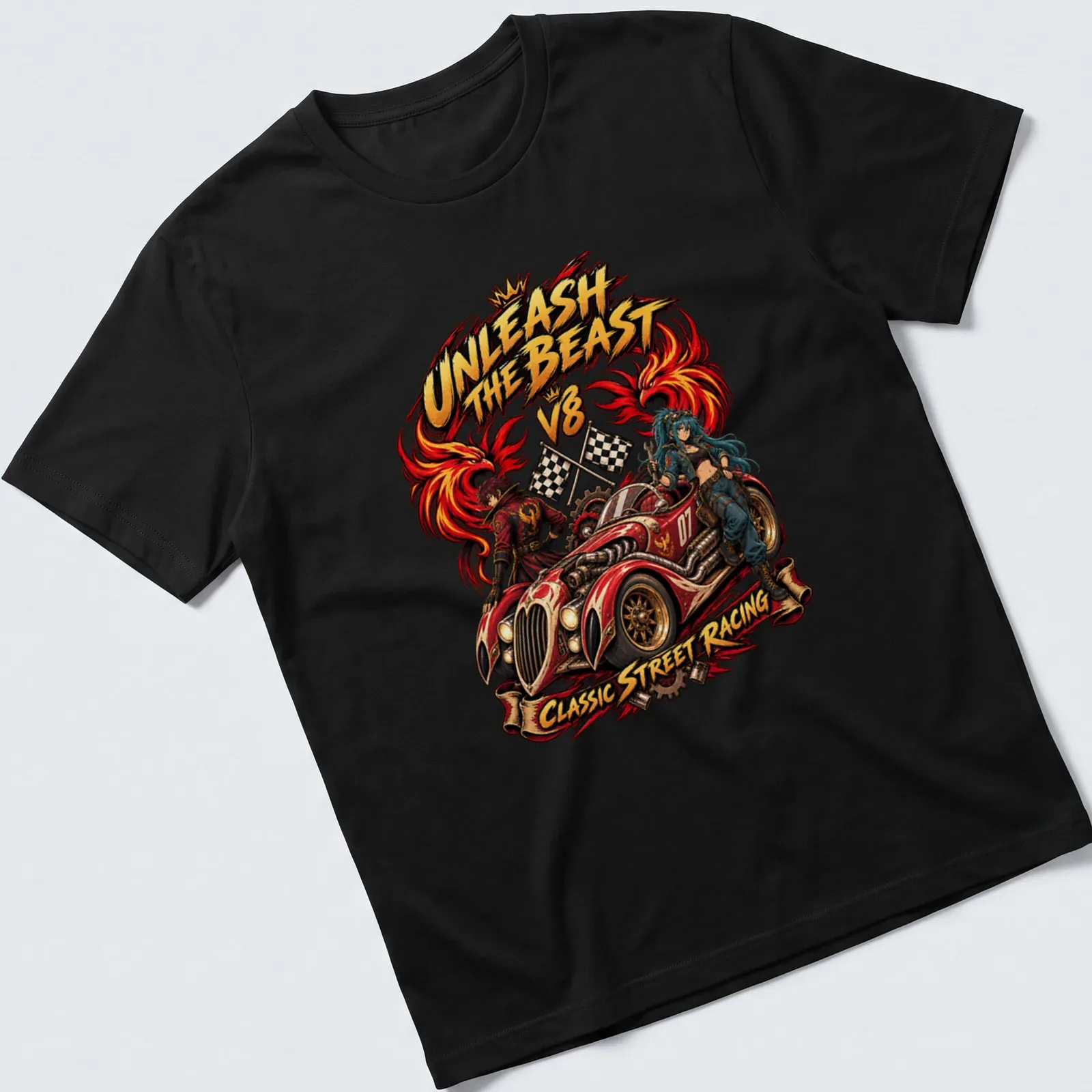 Comic-style illustration of a muscle car with bold street racing text — printed on a unisex t-shirt