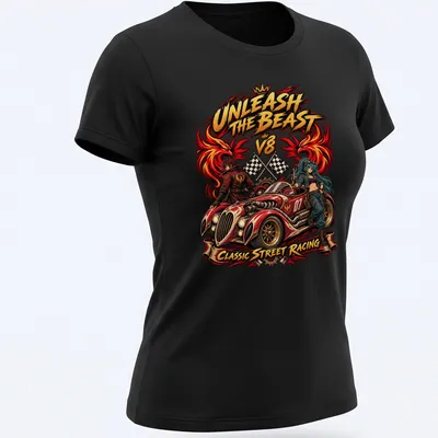 Comic-style illustration of a muscle car with bold street racing text — printed on a women's shirt
