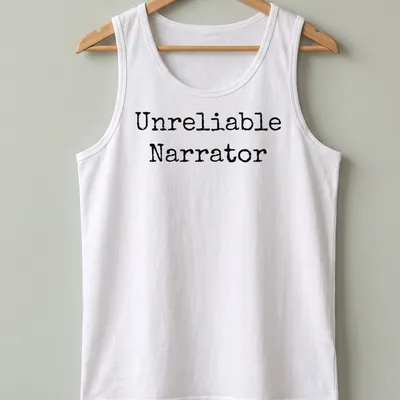 Black and white shirt with the text 'Unreliable Narrator' and a bookworm illustration — printed on a tank top