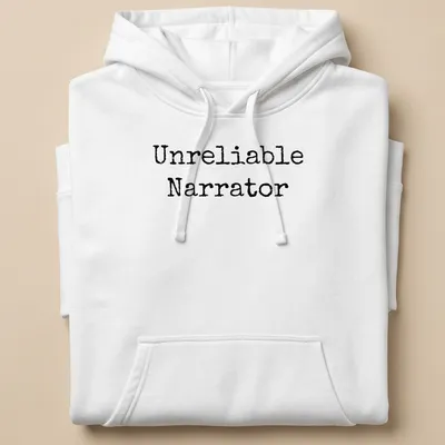 Black and white shirt with the text 'Unreliable Narrator' and a bookworm illustration — printed on a unisex hoodie