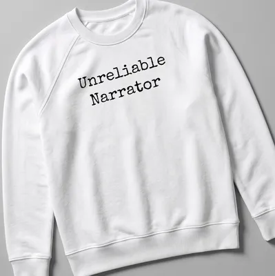 Black and white shirt with the text 'Unreliable Narrator' and a bookworm illustration — printed on a unisex sweatshirt