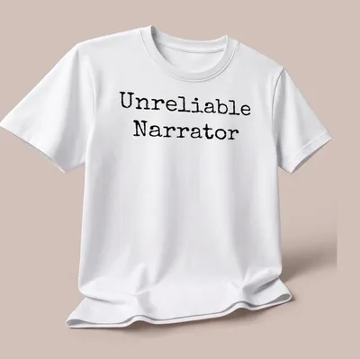 Black and white shirt with the text 'Unreliable Narrator' and a bookworm illustration — printed on a unisex t-shirt (angled view)
