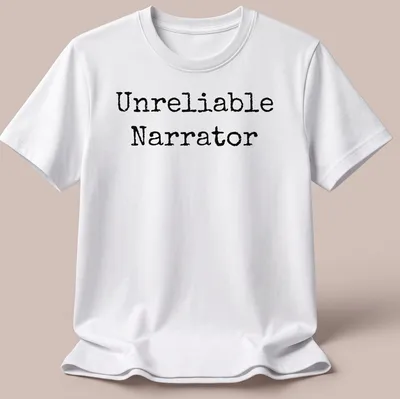 Black and white shirt with the text 'Unreliable Narrator' and a bookworm illustration
