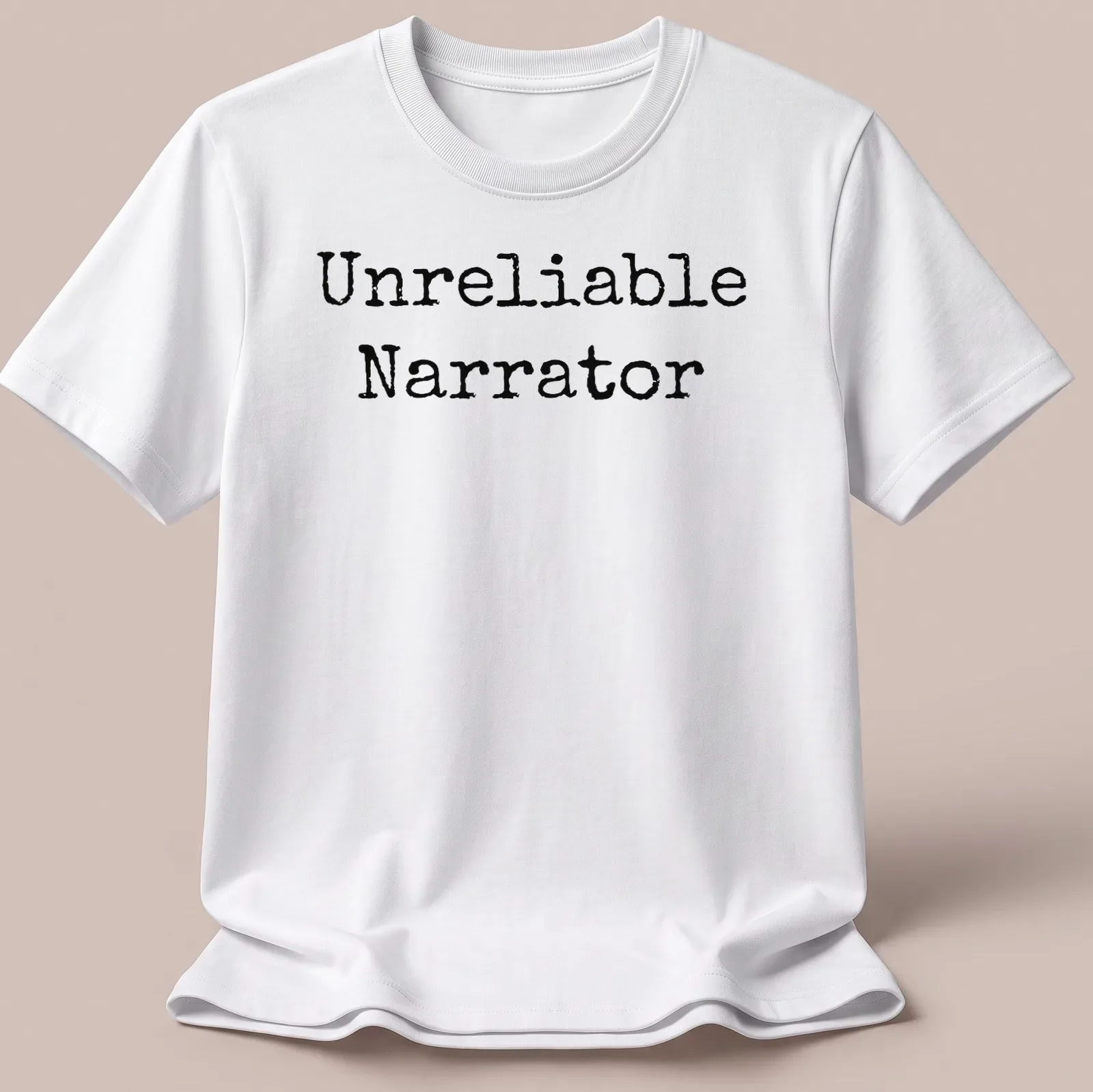 Black and white shirt with the text 'Unreliable Narrator' and a bookworm illustration — printed on a unisex t-shirt