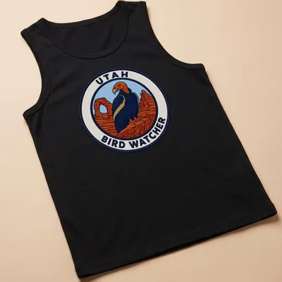 Vintage patch-style t-shirt featuring a California Condor and text for bird watchers — printed on a tank top