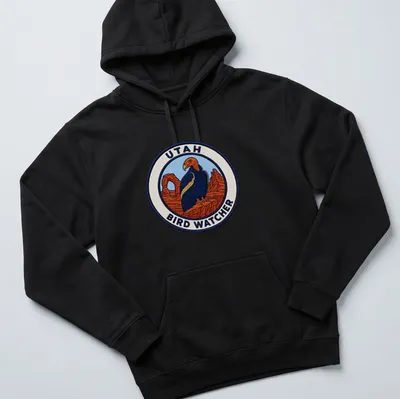Vintage patch-style t-shirt featuring a California Condor and text for bird watchers — printed on a unisex hoodie
