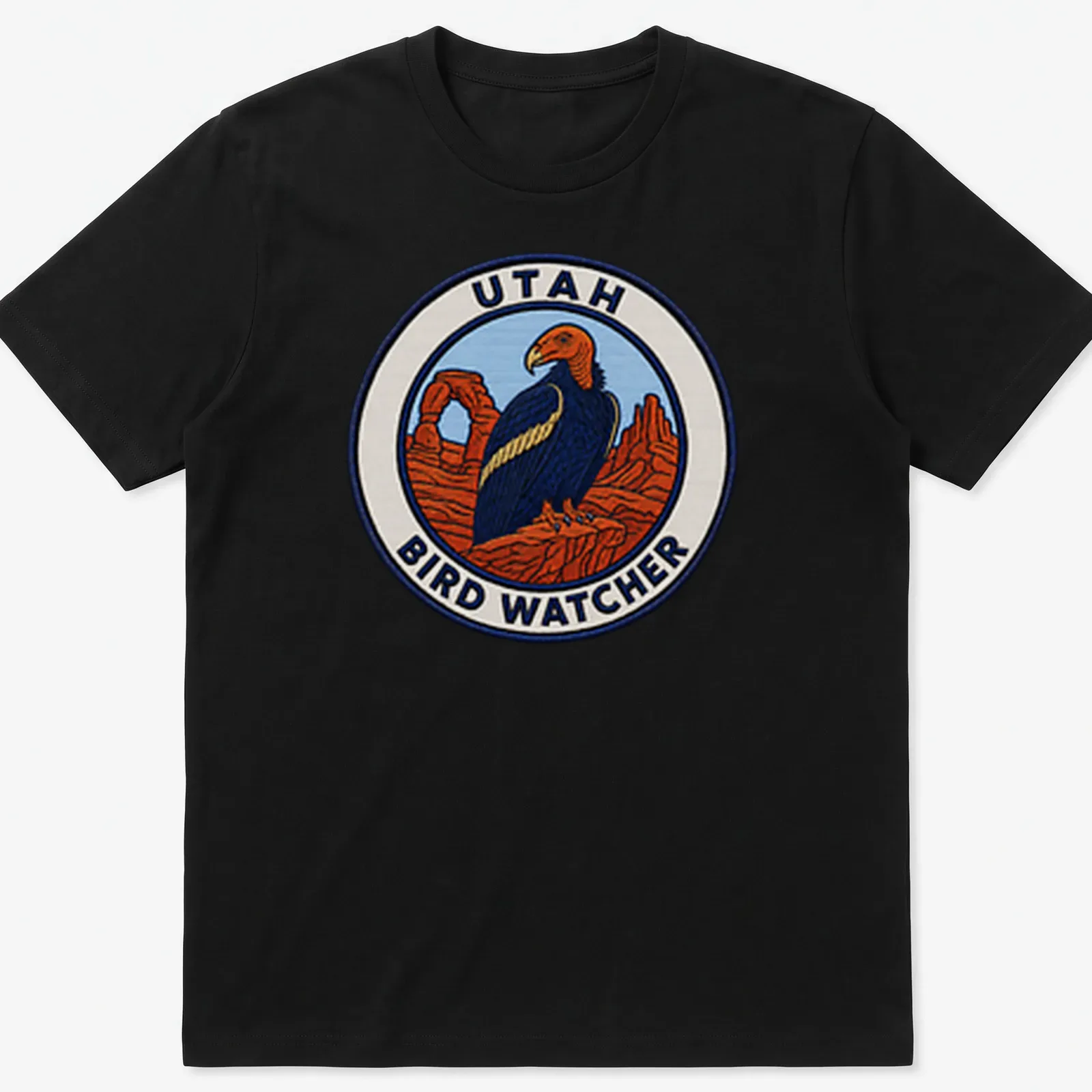 Vintage patch-style t-shirt featuring a California Condor and text for bird watchers — printed on a unisex t-shirt