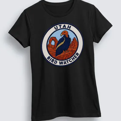 Vintage patch-style t-shirt featuring a California Condor and text for bird watchers — printed on a women's shirt