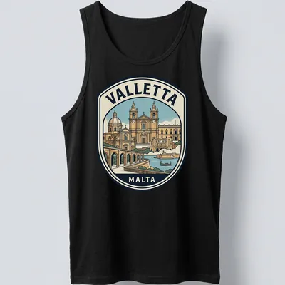 Vintage travel emblem tee featuring Valletta Malta architecture in earthy colors — printed on a tank top