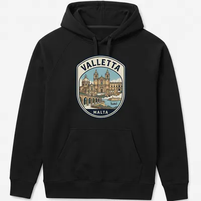 Vintage travel emblem tee featuring Valletta Malta architecture in earthy colors — printed on a unisex hoodie