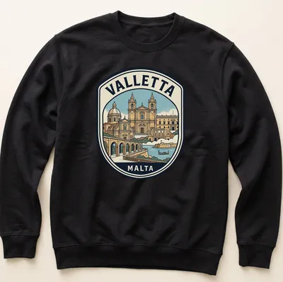 Vintage travel emblem tee featuring Valletta Malta architecture in earthy colors — printed on a unisex sweatshirt