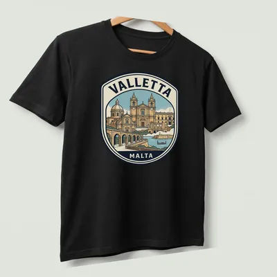 Vintage travel emblem tee featuring Valletta Malta architecture in earthy colors — printed on a unisex t-shirt (angled view)