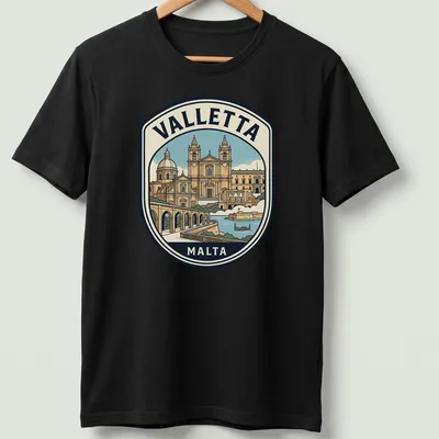 Vintage travel emblem tee featuring Valletta Malta architecture in earthy colors