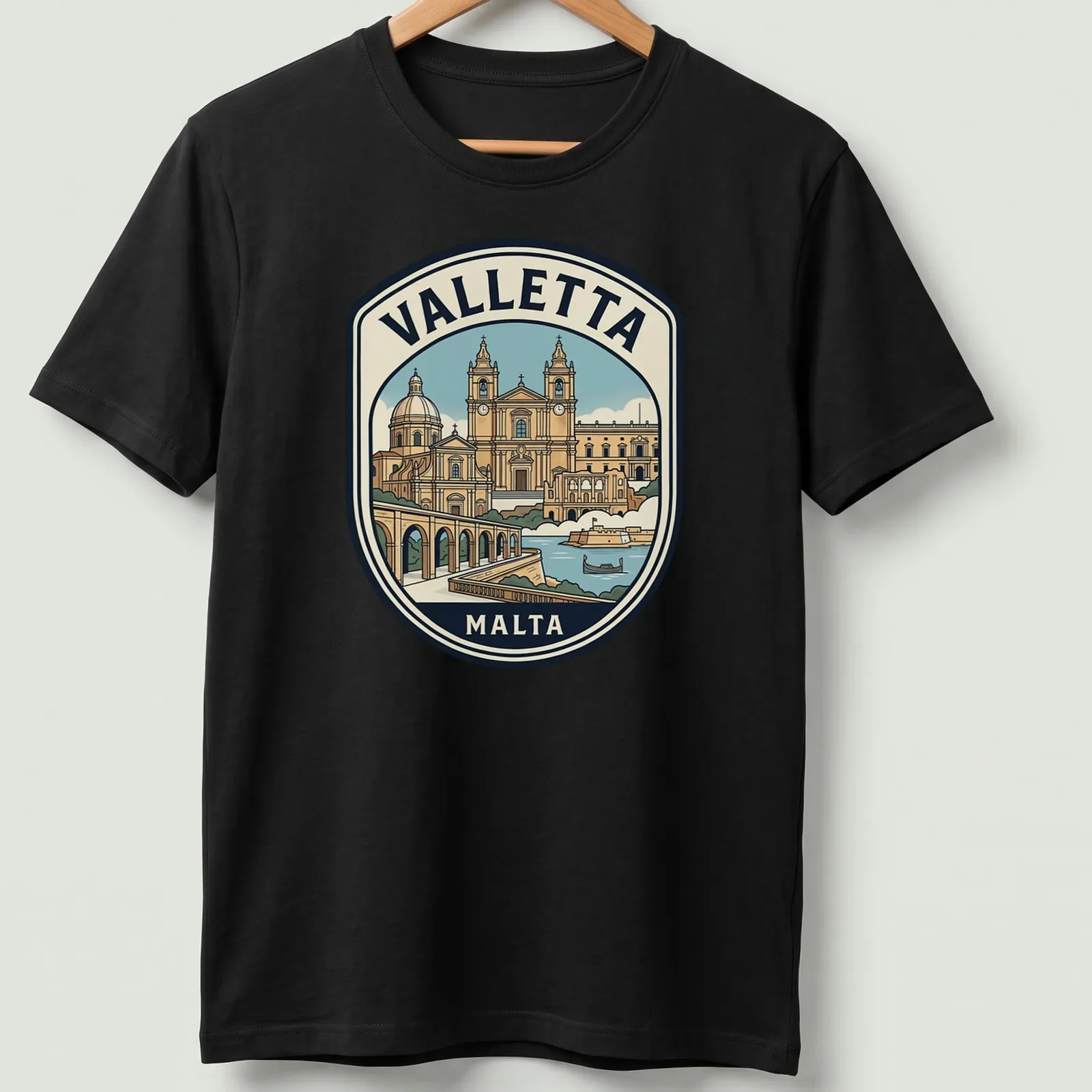 Vintage travel emblem tee featuring Valletta Malta architecture in earthy colors — printed on a unisex t-shirt