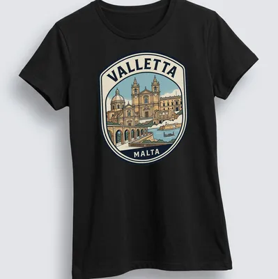 Vintage travel emblem tee featuring Valletta Malta architecture in earthy colors — printed on a women's shirt