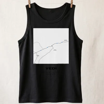 Minimalist T-shirt with a black and white map graphic of Vedi, Armenia, featuring coordinates — printed on a tank top
