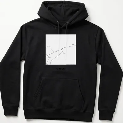 Minimalist T-shirt with a black and white map graphic of Vedi, Armenia, featuring coordinates — printed on a unisex hoodie