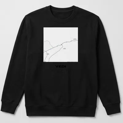 Minimalist T-shirt with a black and white map graphic of Vedi, Armenia, featuring coordinates — printed on a unisex sweatshirt