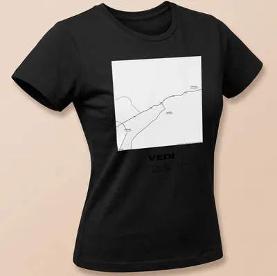 Minimalist T-shirt with a black and white map graphic of Vedi, Armenia, featuring coordinates — printed on a women's shirt