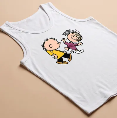 Cartoon Linus and Lucy with text 'Vince Guaraldi!' on a colorful — printed on a tank top
