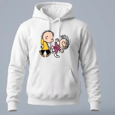 Cartoon Linus and Lucy with text 'Vince Guaraldi!' on a colorful — printed on a unisex hoodie