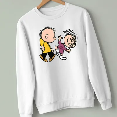 Cartoon Linus and Lucy with text 'Vince Guaraldi!' on a colorful — printed on a unisex sweatshirt
