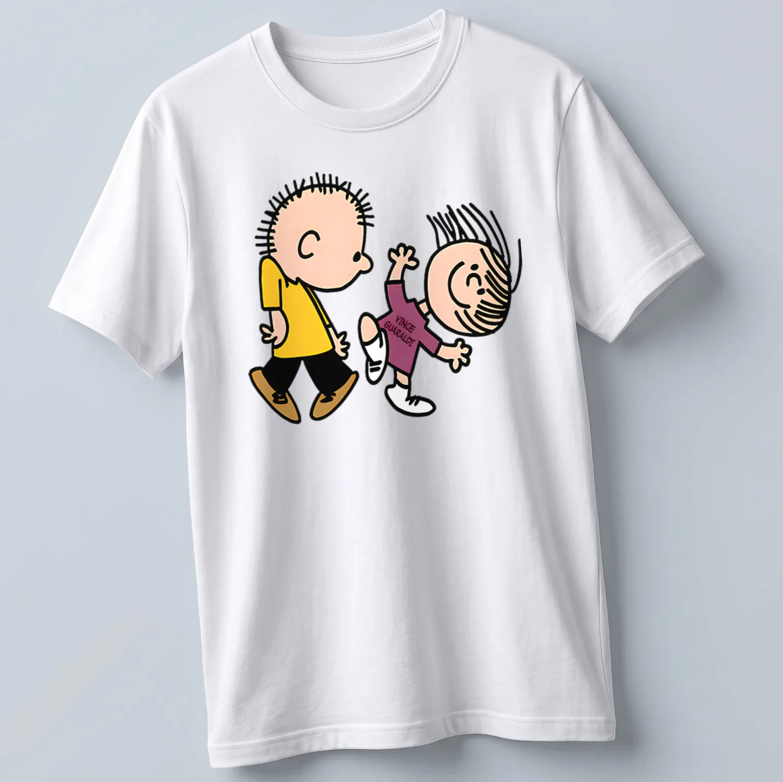 Cartoon Linus and Lucy with text 'Vince Guaraldi!' on a colorful — printed on a unisex t-shirt