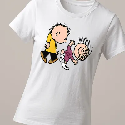 Cartoon Linus and Lucy with text 'Vince Guaraldi!' on a colorful — printed on a women's shirt