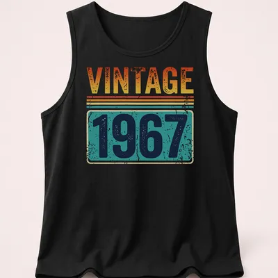 Distressed Vintage 1967 T-shirt with retro typography in orange, yellow, teal, navy, and white — printed on a tank top