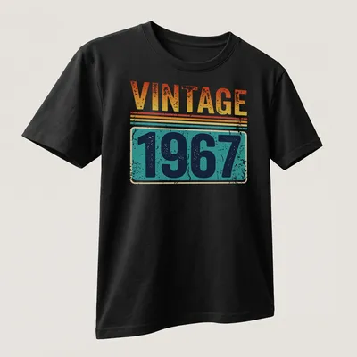 Distressed Vintage 1967 T-shirt with retro typography in orange, yellow, teal, navy, and white — printed on a unisex t-shirt (angled view)