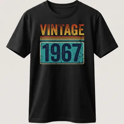 Distressed Vintage 1967 T-shirt with retro typography in orange, yellow, teal, navy, and white