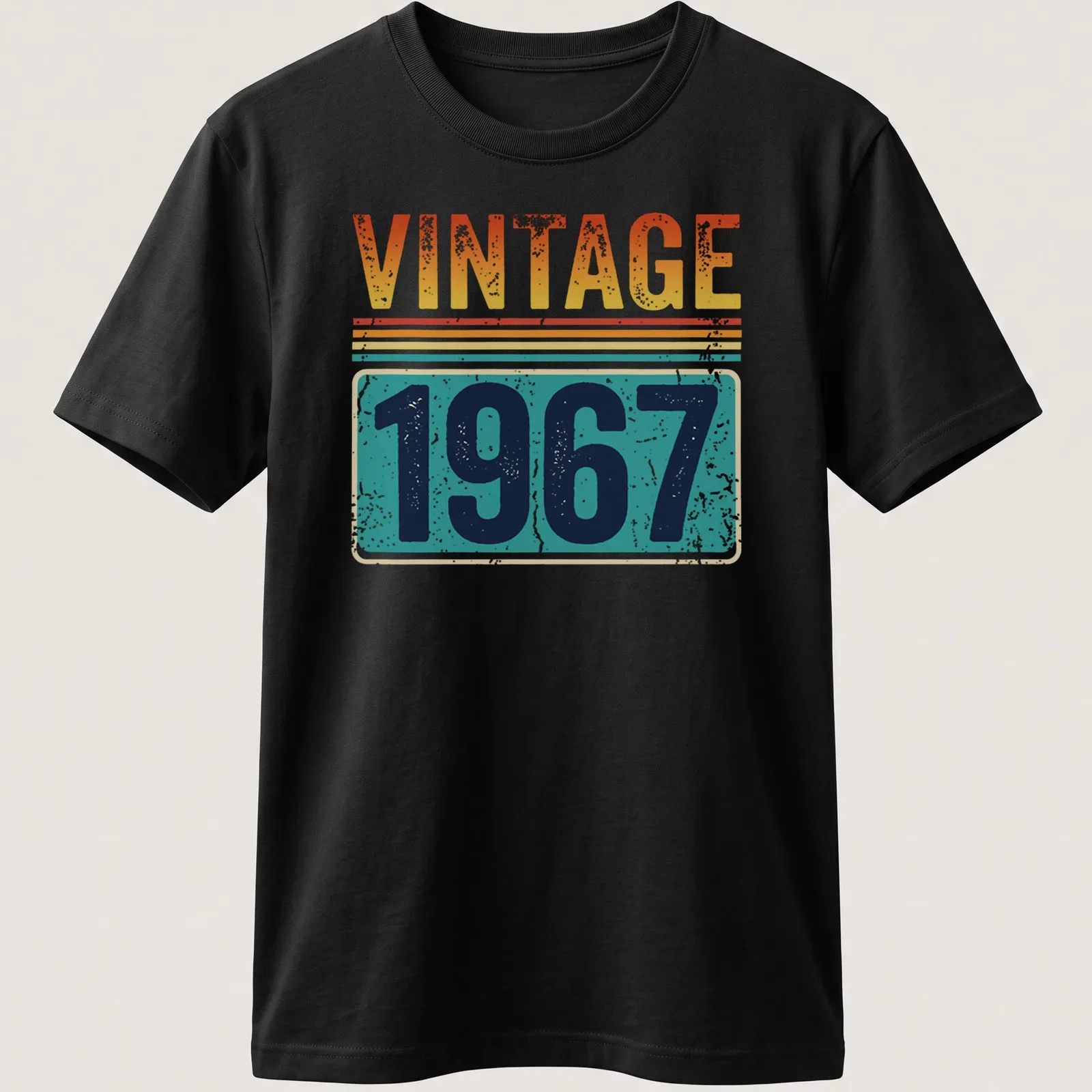 Distressed Vintage 1967 T-shirt with retro typography in orange, yellow, teal, navy, and white — printed on a unisex t-shirt