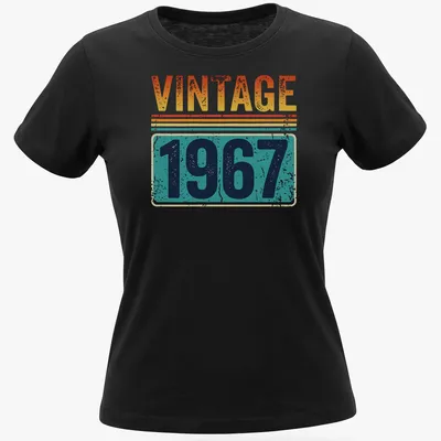 Distressed Vintage 1967 T-shirt with retro typography in orange, yellow, teal, navy, and white — printed on a women's shirt