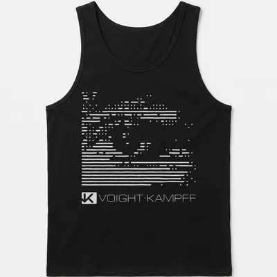 Minimalist Voight Kampf t-shirt featuring bold black and white typography — printed on a tank top