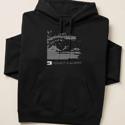 Minimalist Voight Kampf t-shirt featuring bold black and white typography — printed on a unisex hoodie