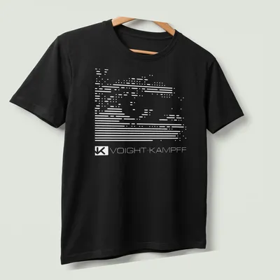Minimalist Voight Kampf t-shirt featuring bold black and white typography — printed on a unisex t-shirt (angled view)