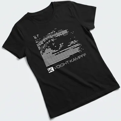 Minimalist Voight Kampf t-shirt featuring bold black and white typography — printed on a women's shirt